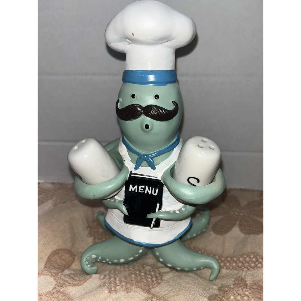 Octopus Chef Salt and Pepper Holder, Beach Ocean Decor sea green‎ nautical